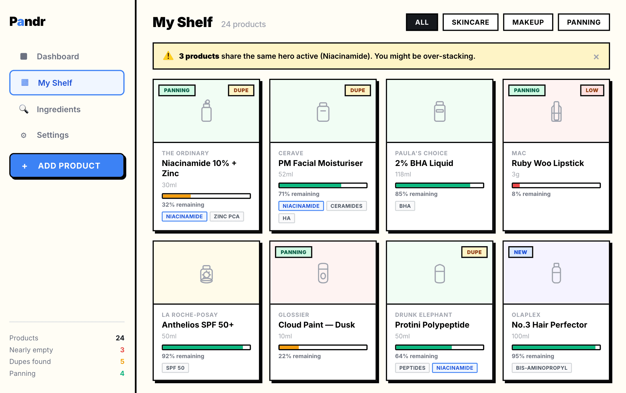 Pandr app — My Shelf view showing skincare and makeup products with usage tracking